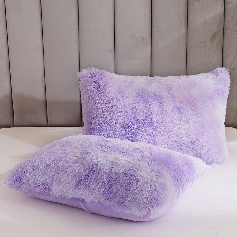 Uhamho Tie Dye Printed Faux Fur Bedding Set Modern Abstract Shaggy Plush Duvet Cover with Pillow Shams, Ultra Soft Warm (King, Tie Dye Lilac) - Image 4